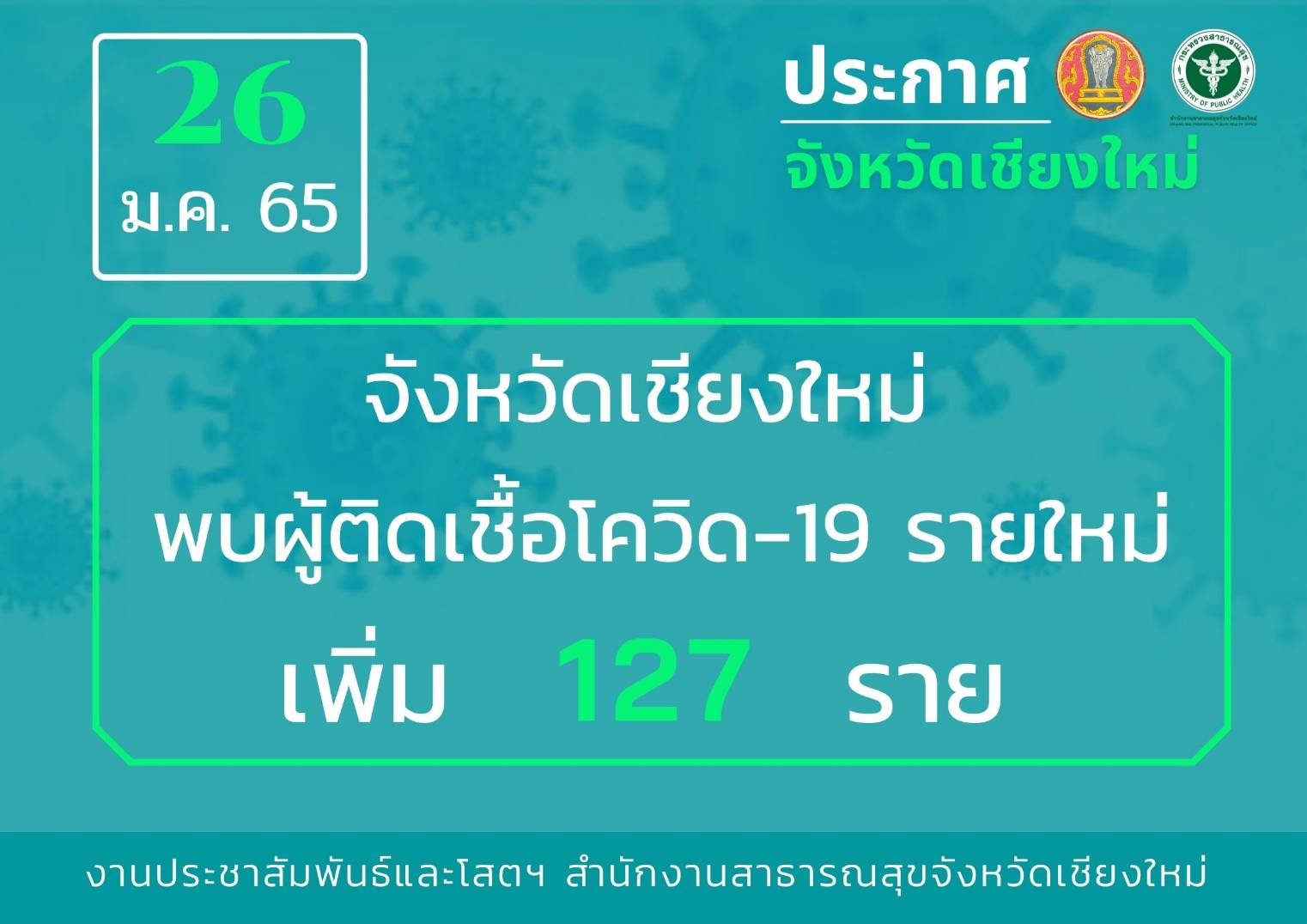 แนวโน้มการระบาดโรคโควิด-19 ในครอบครัว ของจังหวัดเชียงใหม่สูงขึ้นอีกครั้ง ย้ำกลุ่มเสี่ยงที่ไปร้านอาหารและเครื่องดื่มในช่วงเทศกาลปีใหม่หลีกเลี่ยงการทำกิจกรรมร่วมกับคนในครอบครัว